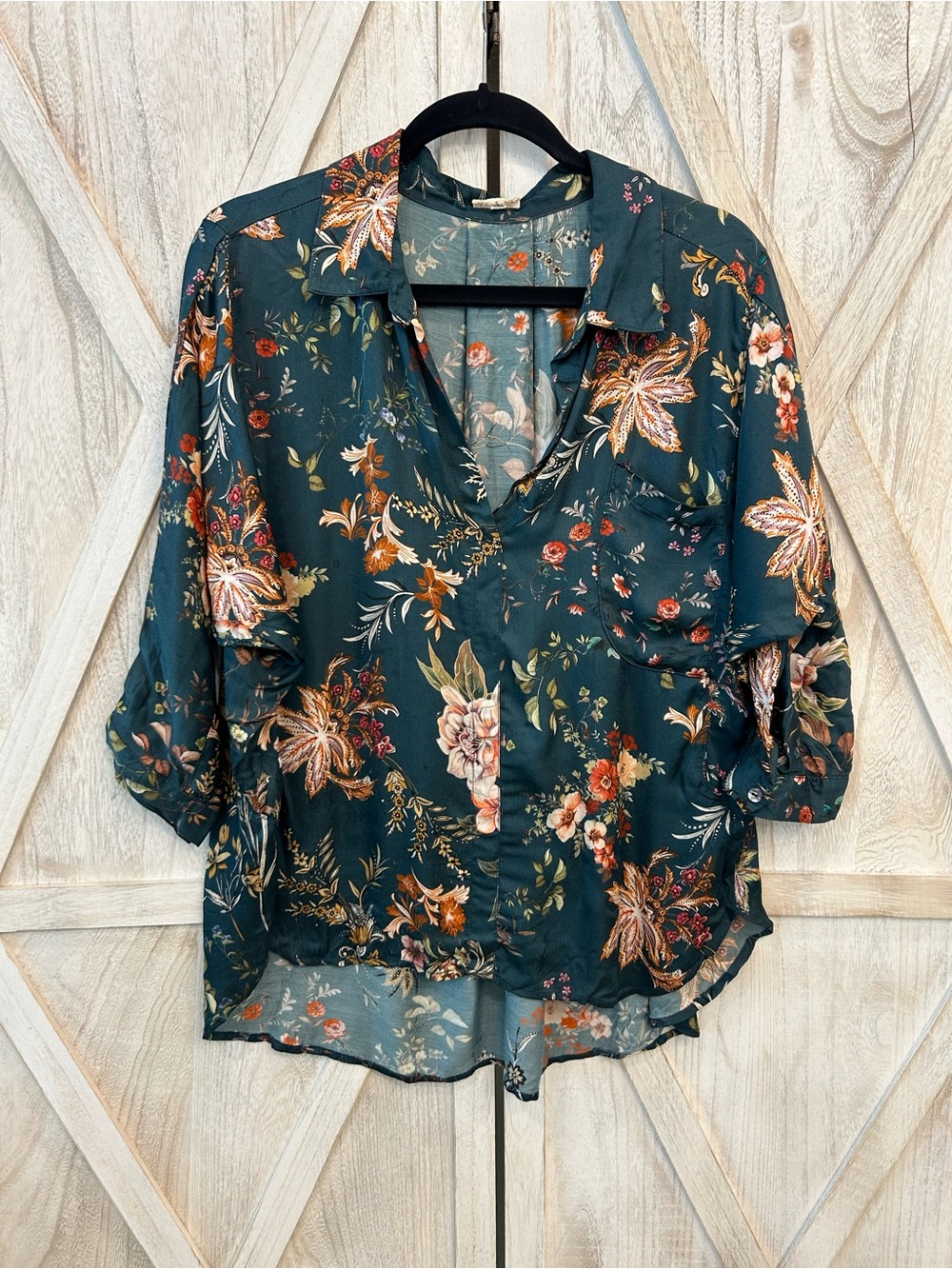 Dark Teal Floral Fall Blouse